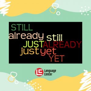 a colorful text on a green background with text perbedaan still, just, already, yet