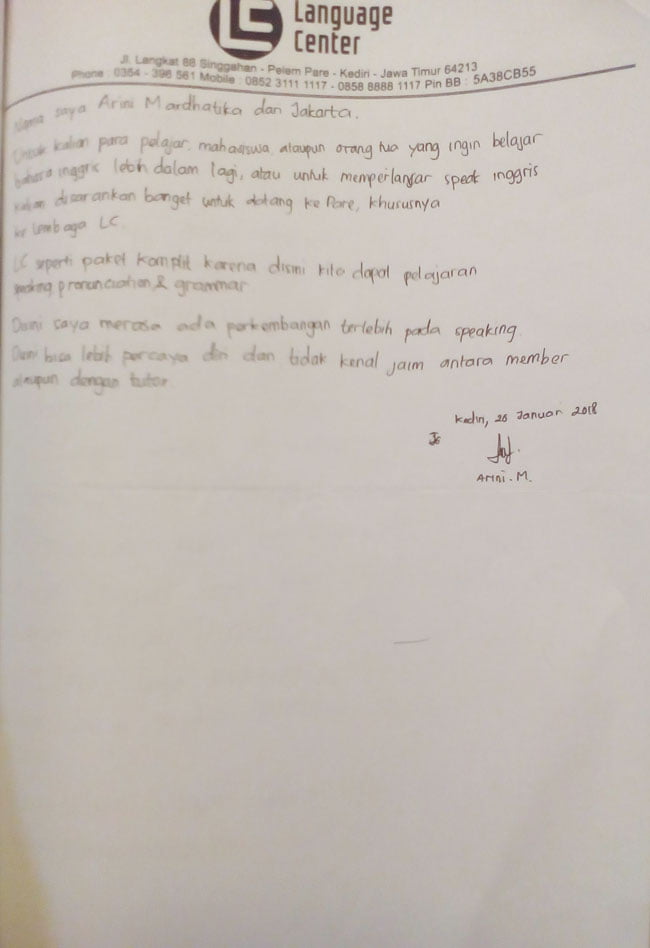 Testimoni Arini Mardhatika