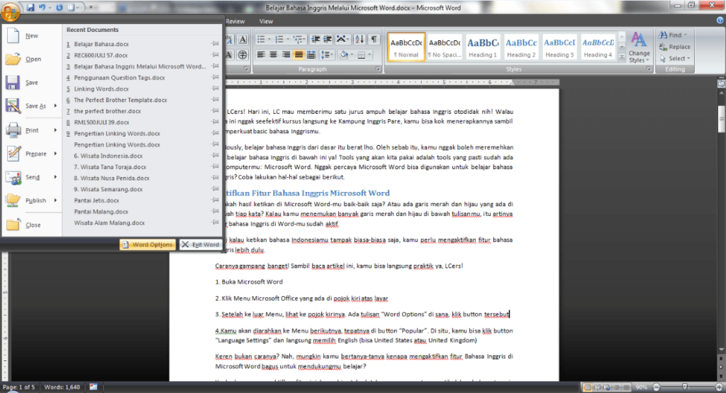 belajar bahasa inggris dengan microsoft word